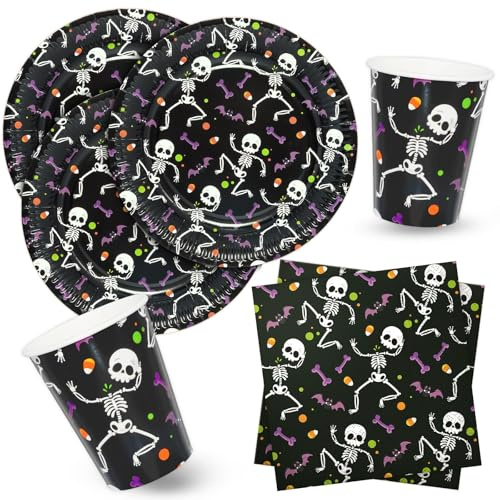 Set di Piatti carta di Halloween 52 pezzi Scheletro Piatti di carta monouso Tovaglioli e Bicchieri per feste