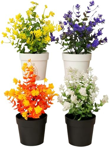 KISPATAI 4 Pcs Artificial Potted Plants,Colorful Eucalyptus Potted Plastic Faux Plants,Small Indoor Potted Houseplants,Small Faux Plants for Office Desk Bedroom Kitchen Bathroom Home Decoration
