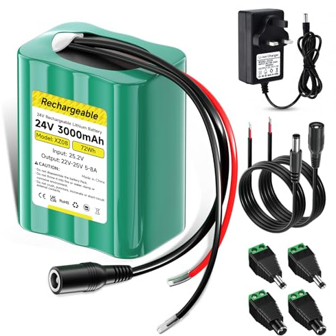 Mspalocell 24V battery 3000mAh lithium battery, with charger & plug adapter & connection line, for 24V devices, solar panel, DIY reading lamp, toy boat, LED strip