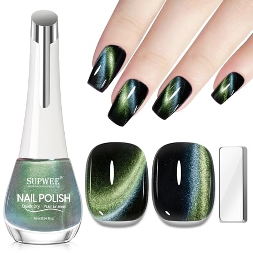 SUPWEE Cat Eye Nagellack Ohne UV, Grün Cat Eye Nail Polish 16ml | Magnetischer Nagellack Air Dry Glänzender Lack für Fingernägel Home Nageldesign Sommer Frühling