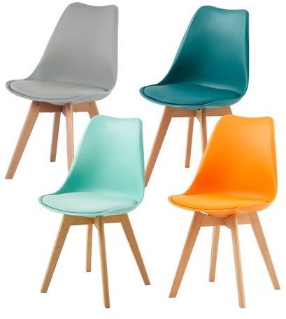 EGGREE 4er Set Esszimmerstühle Skandinavischer mit PU-Sitzkissen & Massivholz-Beinen, Bunt SGS-Geprüft Retro Küchenstuhl Polsterstuhl für Esszimmer & Wohnzimmer (Grau,Türkis,Minzgrün,Orange)