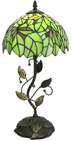 Tokira Tiffany-Stil Frische Grüne Blätter Kleine Tischleuchte, 10 Zoll Buntglas Vintage Nachtleuchte, E14 Handgefertigte Farbige Glasleuchte für Schlafzimmer, [Keine LED-Glühbirne]