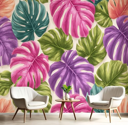 Fototapete, 300x210cm Wandtapete Tropische Pflanzen XXL Seide Tapeten Bunte Monstera-Blätter 3D Effekt Wallpaper Wandbilder Wanddeko für Wohnzimmer Schlafzimmer, Mehrfarbig