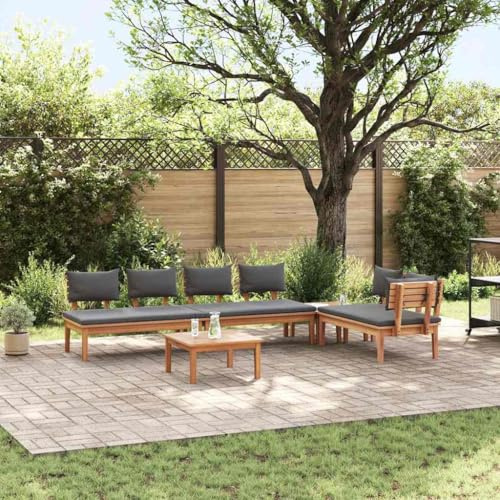 Mandloder Gartenbänke Set mit Kissen, 5-teilig, Braun und Grau, Polyrattan Teakholz, Outdoor Möbel mit Stauraum für Terrasse und Balkon