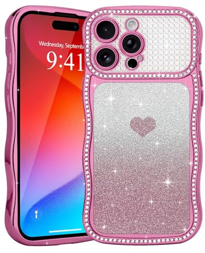 Teageo for iPhone 15 Pro Glitter Case, Lovely Heart Wave Frame, Rose red | for Women Girls, Wave Curly Bumper, Sparkle Rhinestone Diamonds, Shockproof Cute Bling Cover