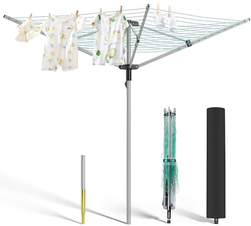 Aoufottes Tendedero plegable con paraguas, torre retráctil, tendedero para exteriores, para balcón, camping, secadora de pie, (4 brazos, 40 m)