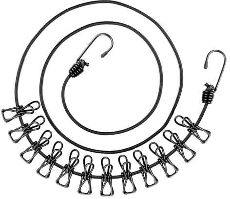 Filo Sstendibiancheria da Viaggio con 12 Clip, Filo per Stendere da Viaggio Elastico, Stendibiancheria Portatile da Viaggios, Stendibiancheria da Viaggio, Ideale per Outdoor, Vacanza, Camper (nero)