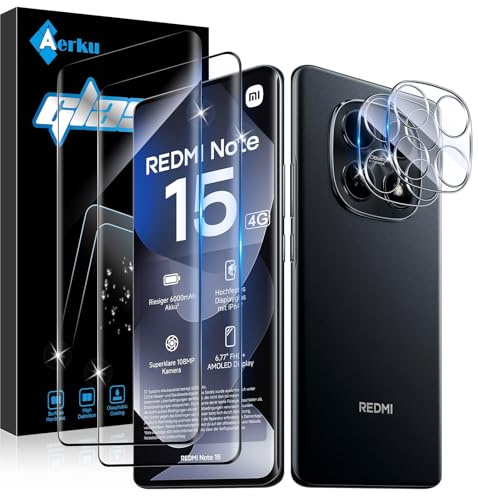 Aerku 2 Piezas 3D Protector de Pantalla para Xiaomi Redmi Note 15 4G | 2x Cristal Templado & 2x Protector de Lente de Cámara, 9H Anti-Rayones, 0,33mm Ultrafino, HD 99,9%, Instalación Sin Burbujas