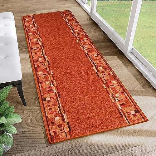 TAPISO Anti Rutsch Teppich Läufer rutschfest Brücke Meterware Modern Rot Orange Fuchsrot Vierecke Design Flur Küche Wohnzimmer 80 x 200 cm
