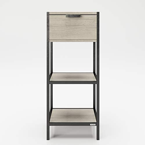 PLAYBOY Badregal mit 2 Fächern und 1 Schublade, sanft schliessed, schwarz matt lackiertem Metall, Wild Eiche Holzdekor, Badschrank, Hochregal, Badmöbel, Badezimmerschrank, Retro-Design, Regal