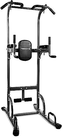 MSPORTS Power Tower - Station de musculation multifonction 7 en 1 - Taille réglable - Poignées pour pompes, 4 œillets pour entraînement à la boucle, sit-ups et barre de traction - Gris anthracite