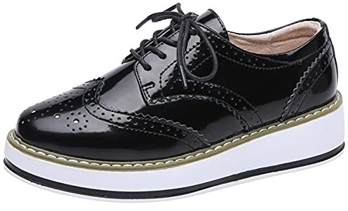 ANUFER Donna Allacciare Brogues Scarpe da Allenamento Casuale Piattaforma Creepers Nero Vernice SN02887 EU39.5