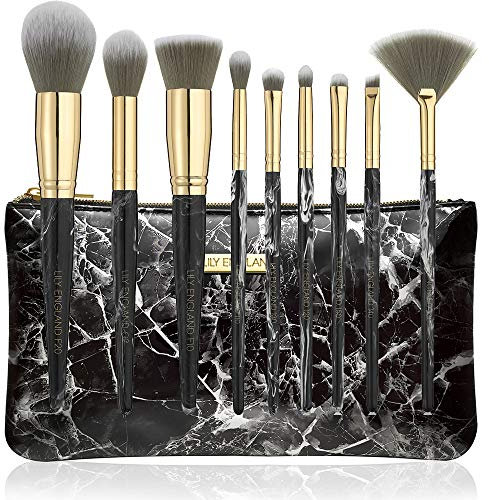Marmor-Make-up-Pinsel-Set mit Etui, 9 professionelle Gesichts- und Augen-Make-up-Pinsel (schwarzer Marmor und Gold) von Lily England