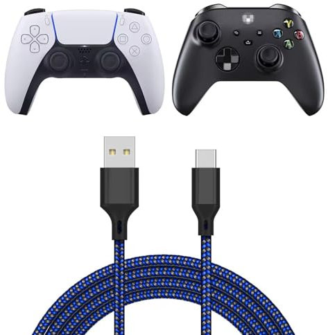 FYOUNG [5m] USB C Cable for PS5 DualSense Controllers/Pro Controller/Nintendo Switch/Switch OLED/Switch Lite, Long Braided Charger Lead for Mobile Phone, Tablet - Blue