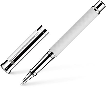 Otto Hutt 009-11222 - Tintenroller Design 04 - Rollerball Messing Weiß-Platin Karo Guillochierung matt 13,2 cm, Minengröße M, Schriftfarbe Blau