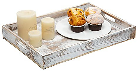 Rustikales Serviertablett aus Holz im Used-Look, achteckiges Serviertablett im Bett mit ausgeschnittenen Tragegriffen, für Kaffee, Büro, Dokumentenhalter, Zuhause und Küche (weiß gewaschen)