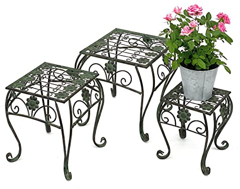 DanDiBo Blumenhocker Metall Grün Eckig 3er Set Blumenständer 96007 Blumensäule Modern Pflanzenständer Pflanzenhocker Vintage