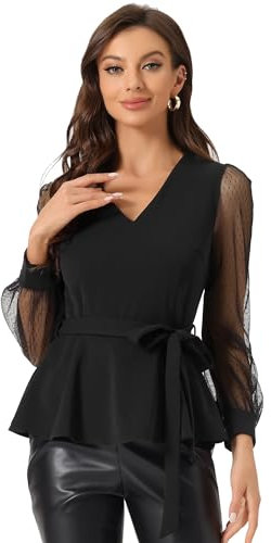 Allegra K Damen Langarm V-Ausschnitt Mesh Stern Rüschen Bindegürtel Oberteil Top Bluse Schwarz S