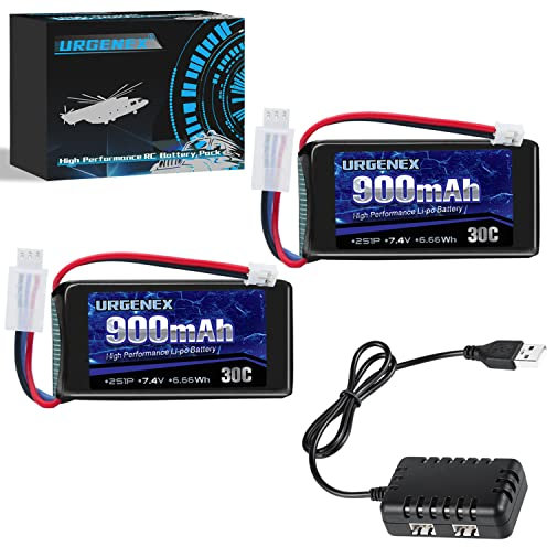URGENEX 7.4V Lipo Battery 2S 30C 900mAh Rechargeable Lipo Battery with PH2.0 Plug Campatibal with Most 1/10, 1/16, 1/18, 1/24 Scale RC Cars Trucks with 1 USB Charger(1 to 2)
