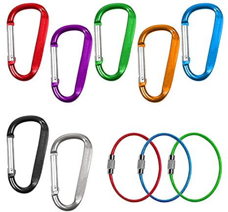 Verschlusskarabiner-Set, 7 D-Karabiner, Aluminiumlegierung, 3 farbige Drahtseile, für Camping, Wandern, Angeln, Reisen, Familien-Wohnmobil, Outdoor-Zubehör (7 Farben)