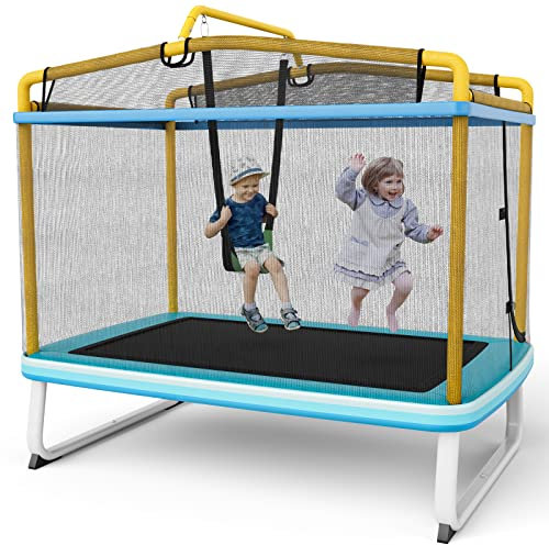 GYMAX 6 FT Kids Trampoline, 3-in-1 Rectangle Trampoline with Enclosure Net, Swing, Horizontal Bar and Spring Cover, Indoor Outdoor Combo Bounce Trampoline for Boys & Girls (Blue + Yellow)