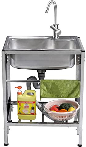 WORDFUN Fregaderos Comercial Independiente De Acero Inoxidable, Fregadero Multiusos Fregadero Industrial Mueble Fregadero, con Grifo, Escurridor, Fregadero Camping para Exterior