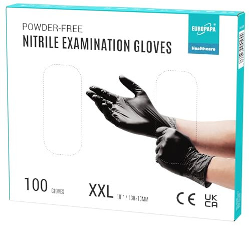 EUROPAPA Boîte de 100 gants jetables en nitrile - Gants d'examen - Non poudrés - Sans latex - Non stériles - Sans latex - Sans latex - Taille XXL - Noir