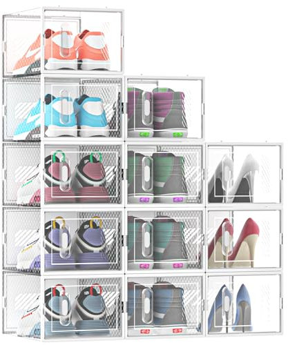 MYHMCT Shoe Storage Boxes,12 pcs Shoe Boxes Clear Stackable Shoe Organizer for Closet, Fit up to UK 9.5 (White)
