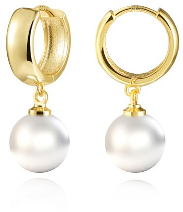 ASH'S CHOICE Gold Hoop Earrings for Women, 14k Gold Pearl Drop Earrings with White Freshwater Pearls