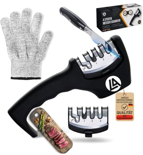 4-Stufen Messerschärfer – Profi Messerschleifer für Küchenmesser, Scheren & Keramikmesser – Diamant & Keramik Schleifscheiben – inkl. Schnittschutzhandschuh & Ersatz-Schleifkopf – Nachhaltig