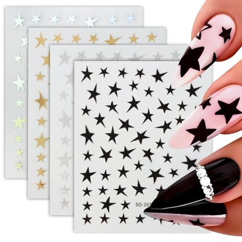 4 Sheets Star Nail Stickers 3D Gold Silver Black Christmas Star Manicure Decals Self Adhesive Nails Decoration