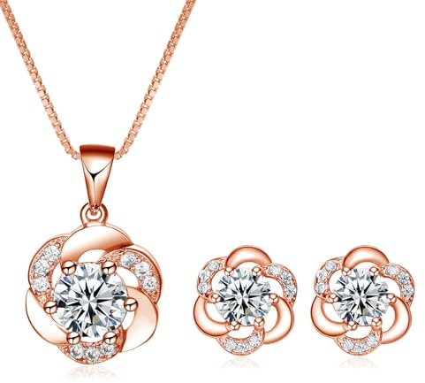 Josfeva Schmuckset Silber 925, Silber Schmuck Set für Damen, Blumen Halskette & Ohrstecker Set mit Weiß Zirkonia, Rose Gold Halskette mit Blumen Anhänger & Ohrstecker Set zum Geburtstag