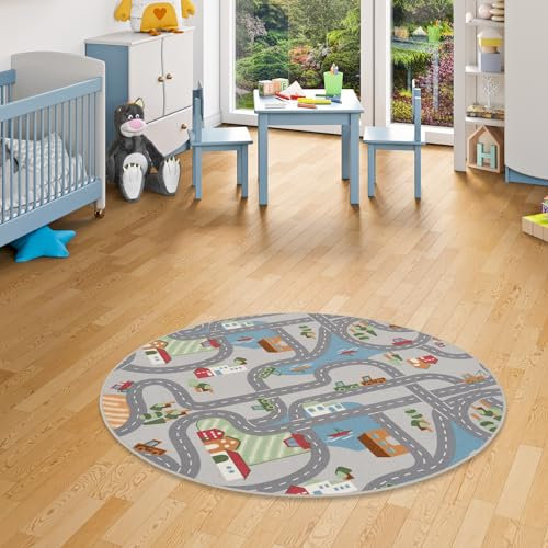 Snapstyle Kinderteppich Spielteppich Kinderzimmer Pflegeleicht Fun Town Grau Rund in 7 Größen