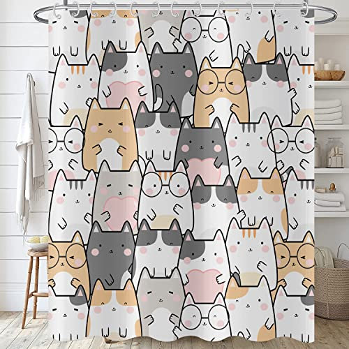Hnmdmyi Duschvorhang Katze 240x180, Lustige Cartoon Tier Kätzchen Bunte Schöne Haustiere Kinder Jungen Mädchen Badewanne Vorhang Wasserdicht Polyester Stoff Waschbar Badevorhang mit Haken