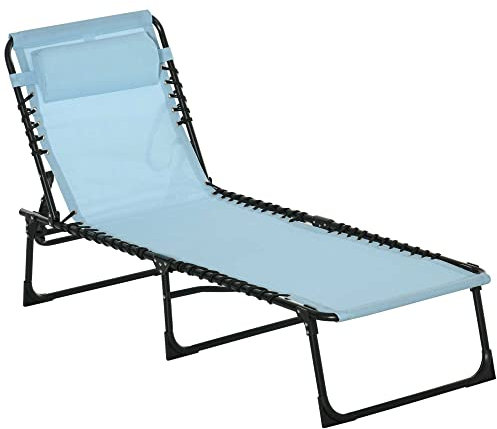 Outsunny Foldable Sun Lounger, Outdoor 4 Level Adjustable Backrest Reclining Chaise Chair, Steel Frame Recliner Chair for Camping, Hiking, Baby Blue