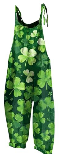 RMBLYfeiye Blaue Latzhose Damen Ski Overall Winter Tier Onesie Erwachsene Kleeblatt Druck St Patricks Day Kostüm Spaghetti Jumpsuit Wide Leg Playsuit Ärmelloser Rot