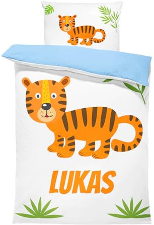 Pictogogo Personalisierte Baby Bettwäsche mit Tiger, 135 x 200 cm, Wählbare Unterfarbe aus Baumwolle, Kinderbettwäsche Mit Namen, Babybett Komplett Set Mit Reißverschluss