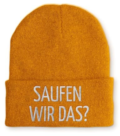 tshirtladen Saufen wir das? Spruchmütze Strickmütze Wintermütze lustige Beanie mit Stick OneSize Mütze, Farbe: Mustard