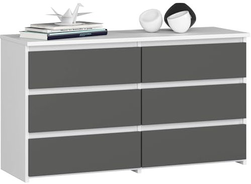 AKORD | Kommode CL-100 mit 6 Schubladen | Komodenschrank | Funktional | Für Wohnzimmer | Für Schlafzimmer | Langlebig | Rollenführung | ABS-Kante 35x100x57cm | Weiß + Graphitgrau Front