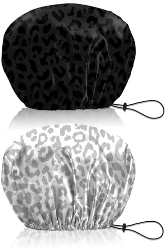 BHAHB 2 Stück Duschhaube, Doppelschicht Wasserdicht Elastisch Einstellbar shower cap wiederverwendbar,ästhetisch,niedlich Duschhaube für Damen (V5-Schwarz Weiß Leopardenmuster)