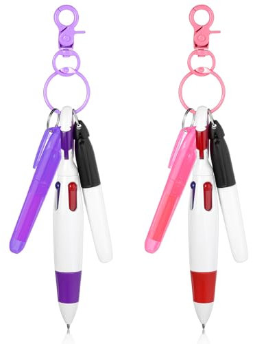 Sibba Lot de 2 Mini Surligneurs Permanents pour Infirmière Porte-Clés Fournitures de Correction D'Écriture Stylos À Bille Rétractables Stylos de Travail Multicolores pour Grand Livre Notes