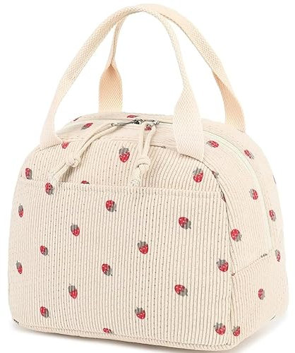 Moguri Bolsa de almuerzo para hombre y mujer, bolsa de almuerzo de pana reutilizable, con aislamiento, gran capacidad, reutilizable, de pana y fresa