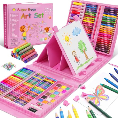 Vivo Technologies 208PCS Art Set for Kids, Drawing Colouring Supplies with Double-Sided Trifold Easel, Colour Pencils, Watercolour Pens, Oil Pastels & Sketching Kit, Birthday & Christmas Gift