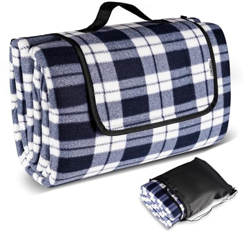 Generisch Picknickdecke 200x200 cm für 4-6 Personen, Stranddecke Wasserdicht, Picknickmatte Waschbar, Faltbare Campingdecke mit Tragegriff, Einfaches Tragen, Blau-Weiß Kariertes Muster