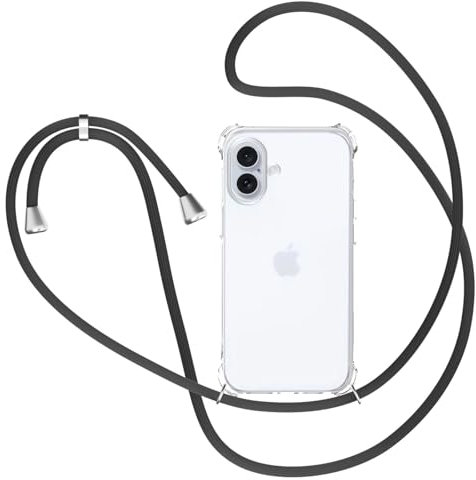 XTCASE Hülle für iPhone 16 mit Band, Transparent Silikon Handyhülle für iPhone 16 mit Kette Stossfest Schutzhülle - Schnur mit Case zum Umhängen in Schwarz