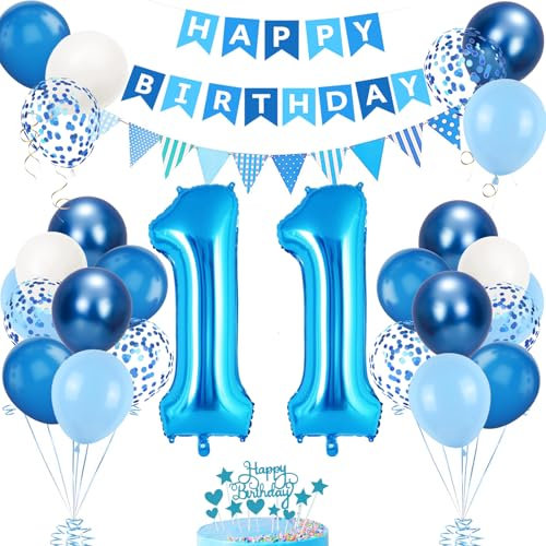 11. Geburtstag Deko Blau - Luftballon, Tortendeko, Zahl 11 Luftballons für Mädchen - Party Dekoration in Blau Weiß