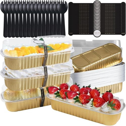 CECOMBINE 30Set Mini Loaf Cake Cases with Lids, 200ML Thickened Tinfoil Mini Loaf Pans with Lids and Spoons, Reusable Aluminum Foil Baking Pans Cups for Wedding, Picnic or Birthday(Gold)