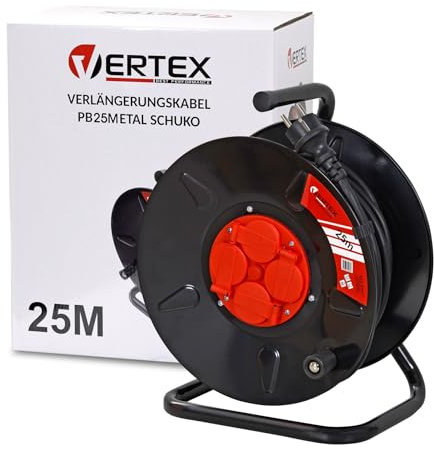VERTEX Kabeltrommel PB25 METALL, IP44, SCHUKO-Erdung, 4 Steckdosen, langlebig, hochwertiges Kabel, Thermosicherung, für Innen- und Außenbereich