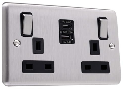 Caradok 2G 13A Switched Socket USB A + C Brushed Chrome Black Insert