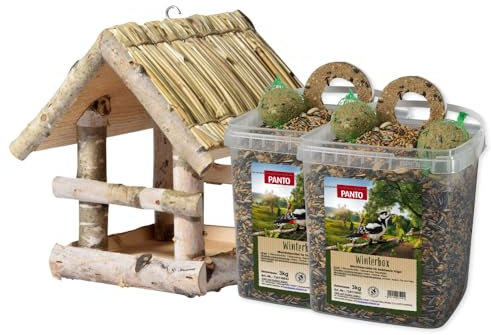 PANTO Winter Vogelglück-Set, Vogelhaus Harmonie und 2 x Winterbox 3 kg, energiereiches Vogelfutter mit Streufutter, Meisenknödeln und Meisenring - für Körner- & Weichfresser